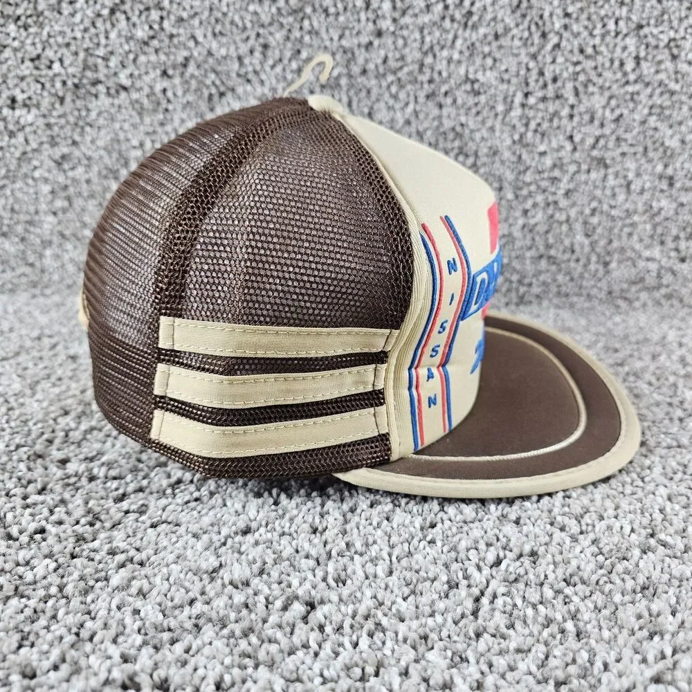 Vintage Datsun Trucker Hat Cap Snap Back 3 Stripe Mesh 280ZX Brown Tuner JDM 80s